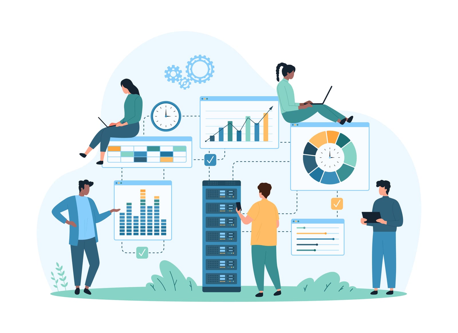 Image vectorielle représentant des personnages utilisant un hébergement cloud d'entreprise.