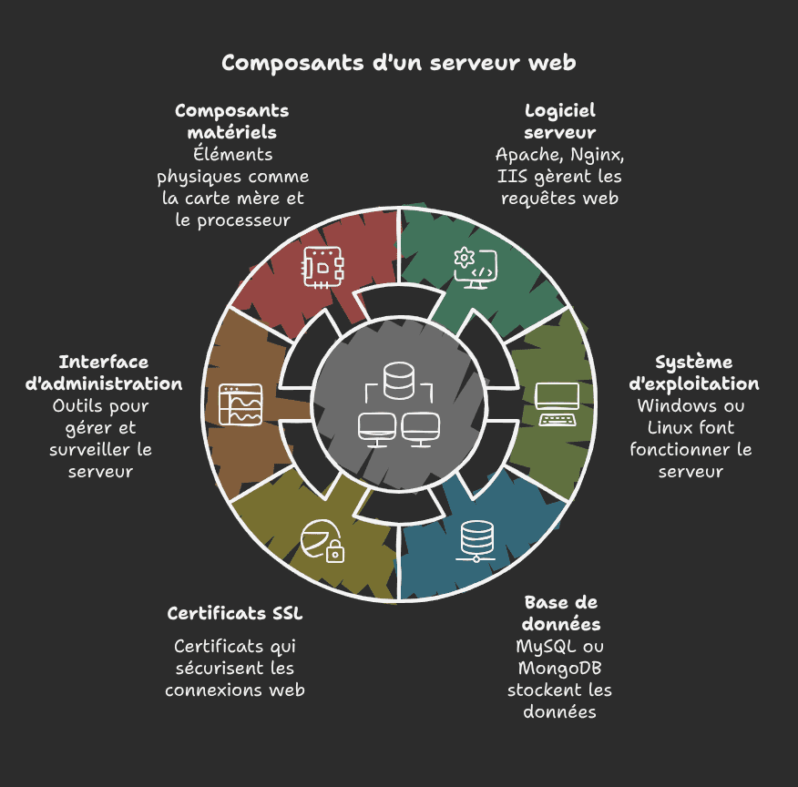 Schéma présentant les divers composants d'un serveur web (généré par IA)