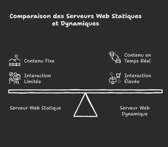 Schéma présentant les différences entre un serveur web statique et un serveur web dynamique (généré par IA).