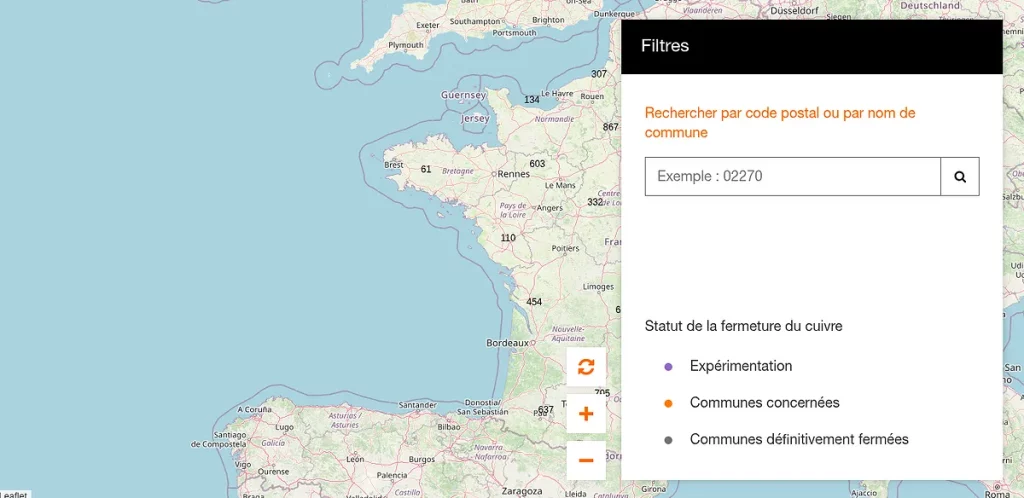 Carte Orange affichant les villes affectées par la coupure du réseau analogique RTC.