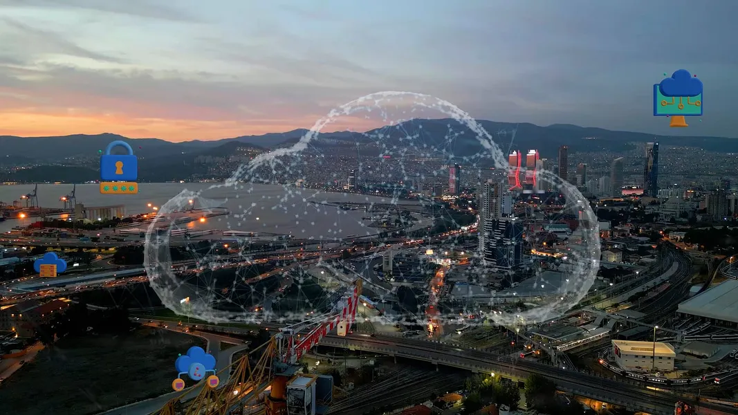 Photo d'un nuage stylisé de cloud computing devant une grande ville, faisant référence à Nextcloud