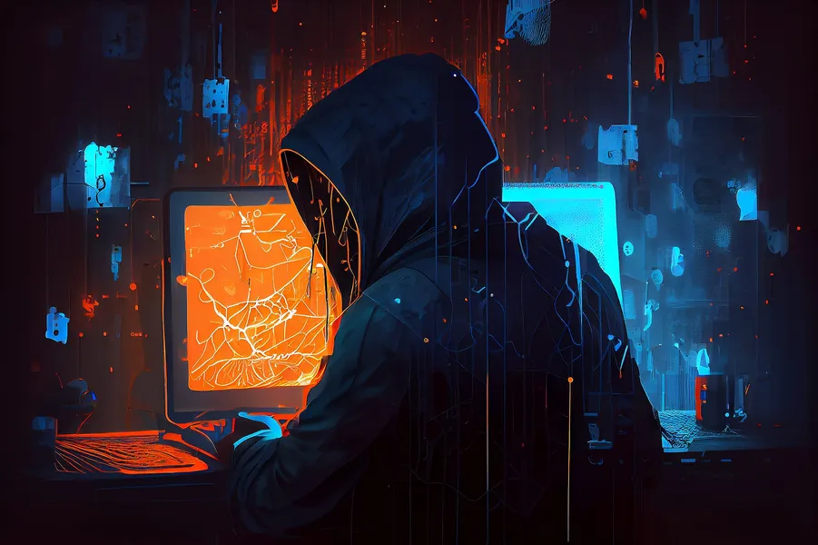 Dessin d'un hacker devant un ordinateur.