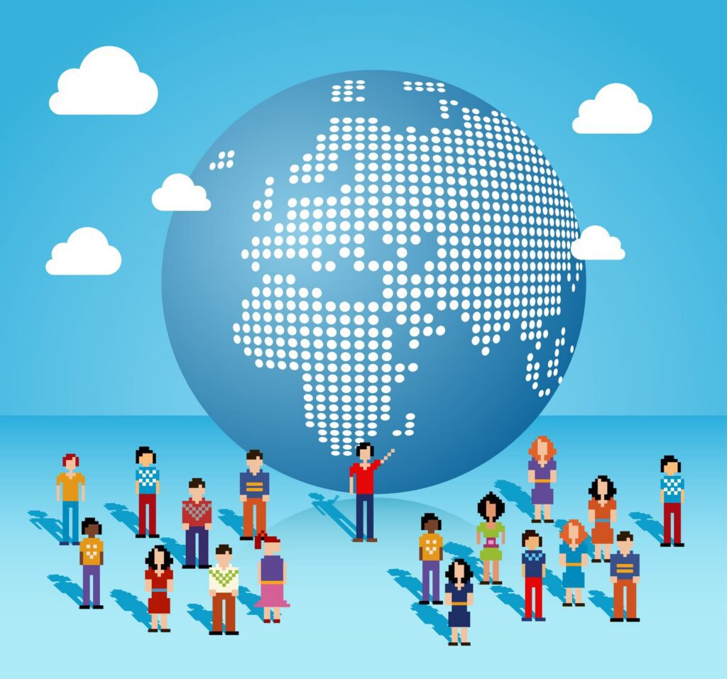 Image stylisée d'une planète et de petits humains faisant référence à la souveraineté cloud et la mondialisation