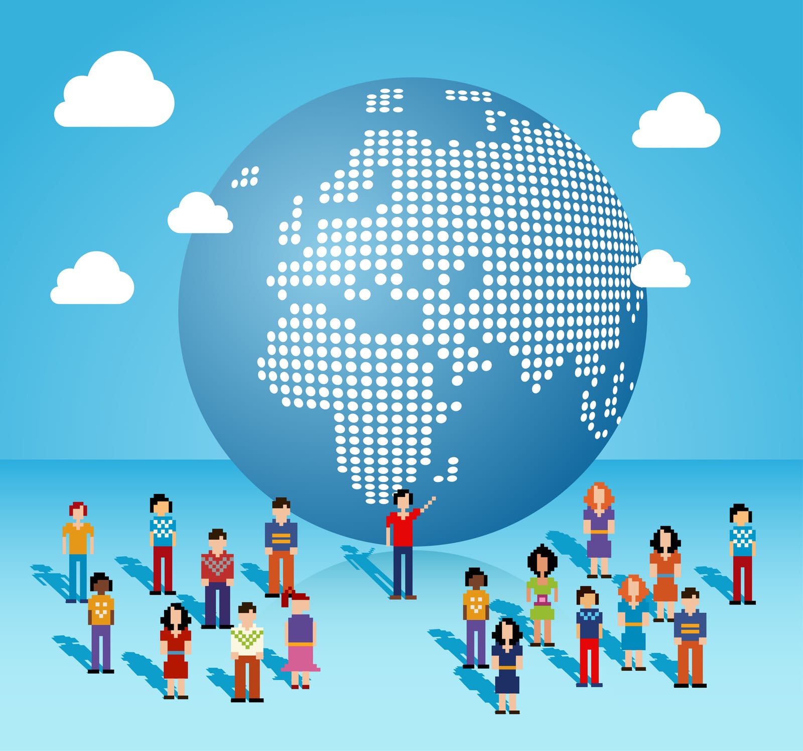 Image stylisée d'une planète et de petits humains faisant référence à la souveraineté cloud et la mondialisation