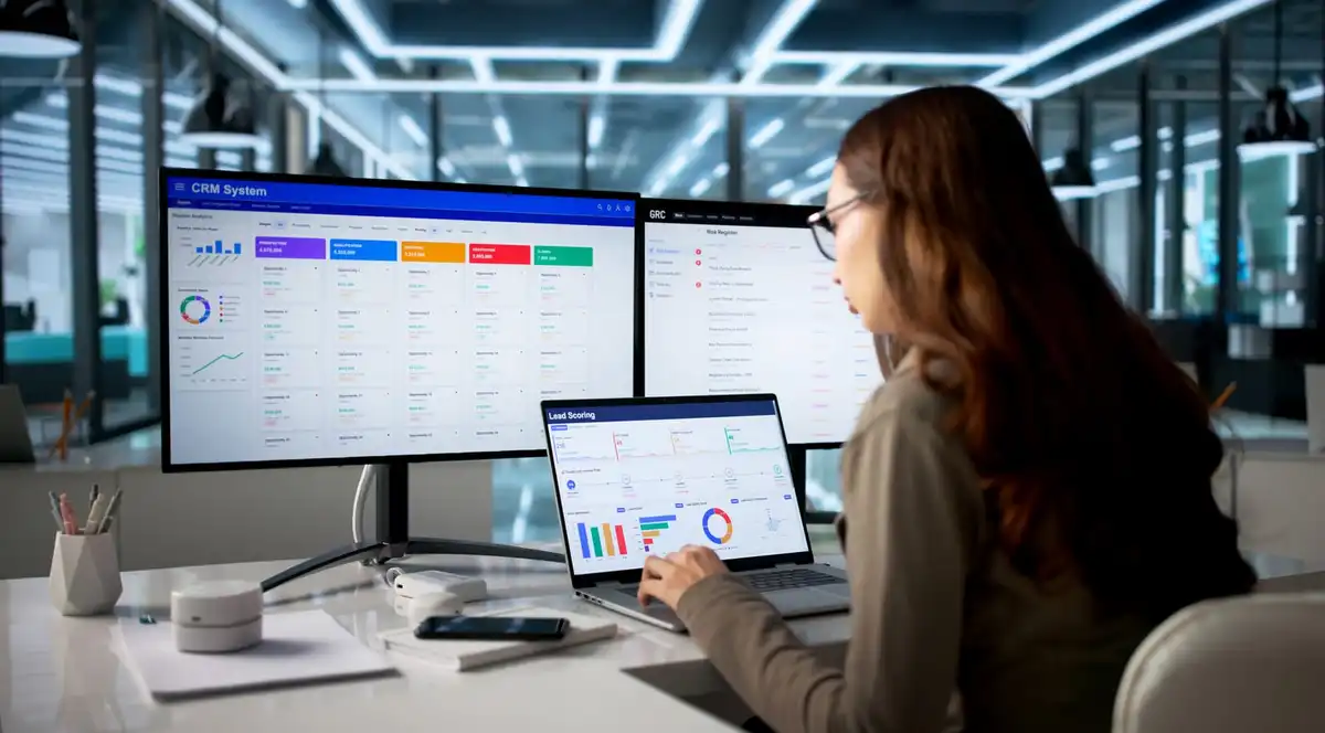 Employée dans un datacenter face à un ordinateur utilisant l'interface PegaProx.